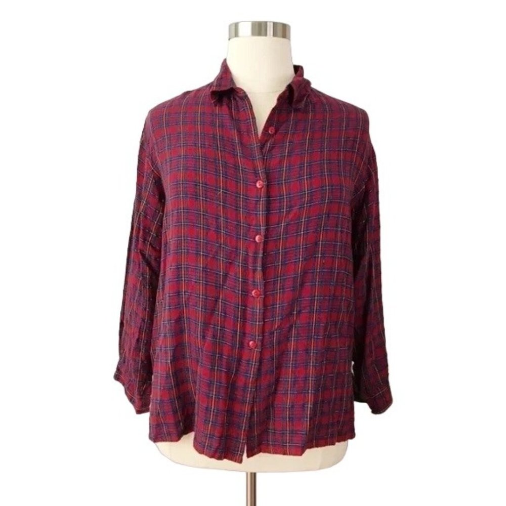 Soft Metallic Plaid Button Up Shirt Red Blue 18/20